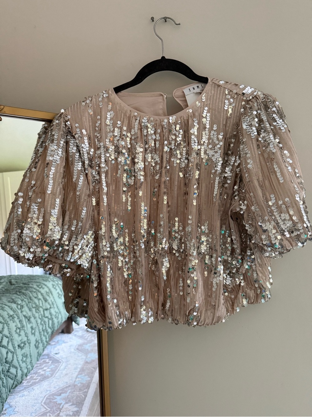 THML Season To Sparkle Champagne Sequin Puff-Sleeve Top